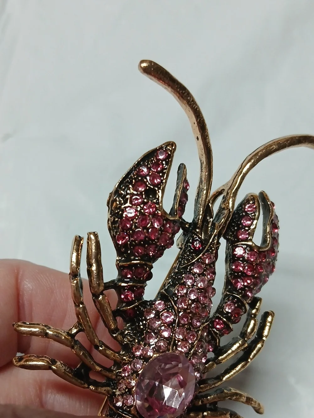 Large Lobster Brooch Pin Goldtone Metal Encrusted w/ Pink Crystals RARE Jewelry
